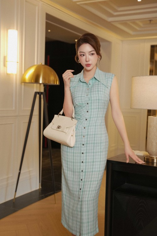 Sixdo Blue-White Woven Pencil Dress